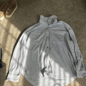 Gray Waffle Knit Button-Up Aerie Shirt